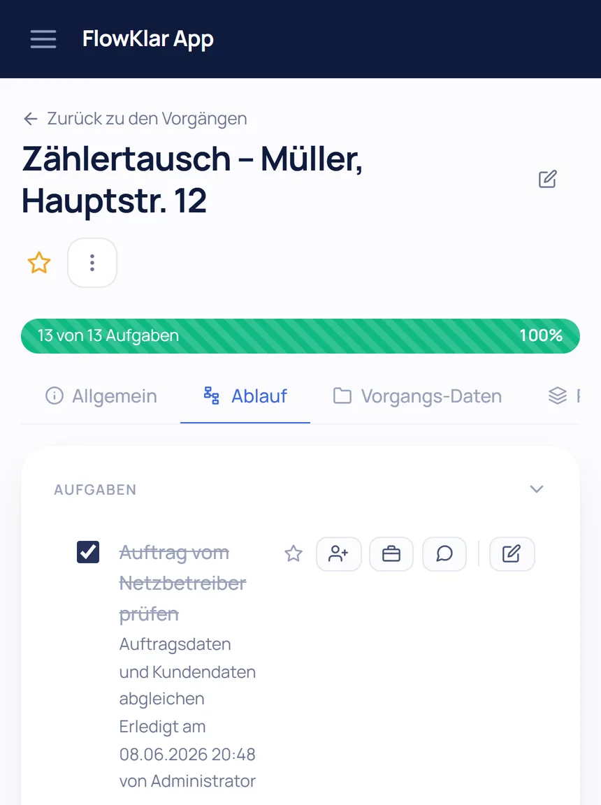 Aufgabenliste eines Vorgangs in der mobilen Ansicht von FlowKlar